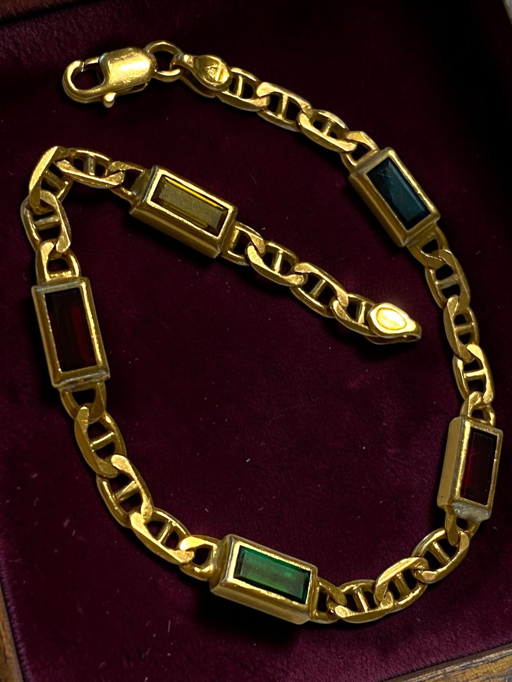Estate 14K Italian Yellow Gold Multi-Color Gemstone Mariner Link 7.25” Bracelet! - Picture 4 of 16